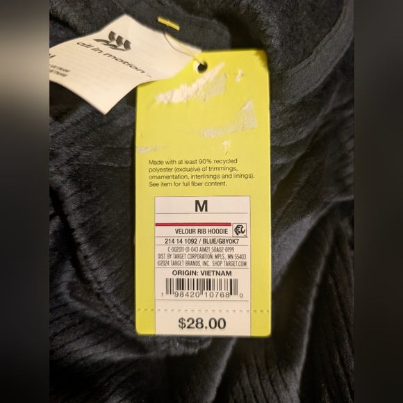 All in Motion Navy Black Velour Ribbed Zip-Up Hoodie Sz M - Picture 2 of 8